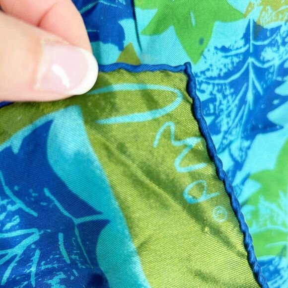 Silk Scarf by VERA Blue Green Botanical Leaf Print Rectangle Hand Rolled Edges - Picture 5 of 5